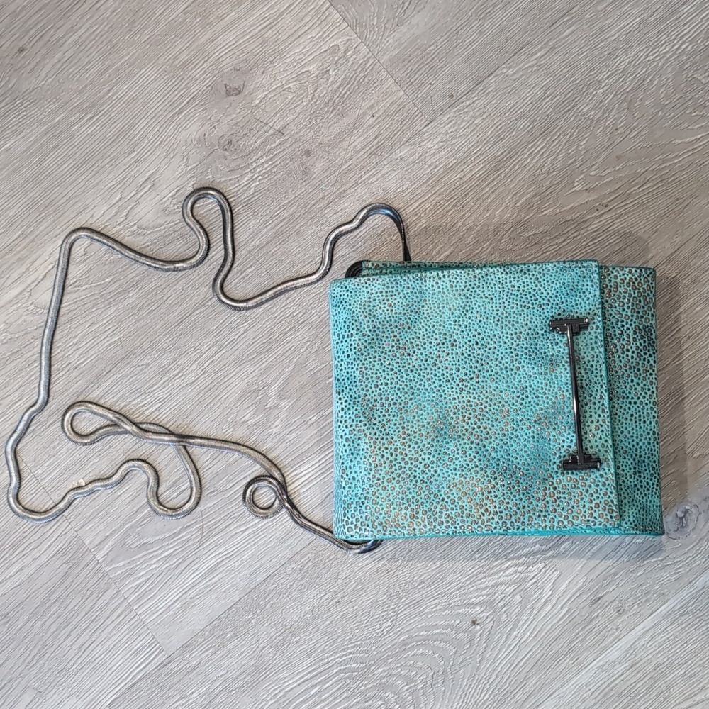 Halston Heritage Small Box Crossbody Bag Turquoise With Gold Reptile Print